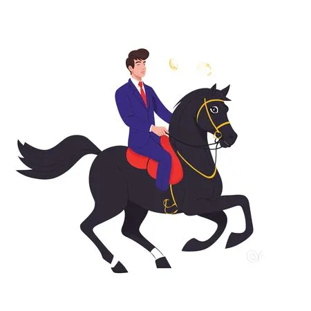 Free コインと贈り物を持って黒馬に乗るビジネスマン  AI画像